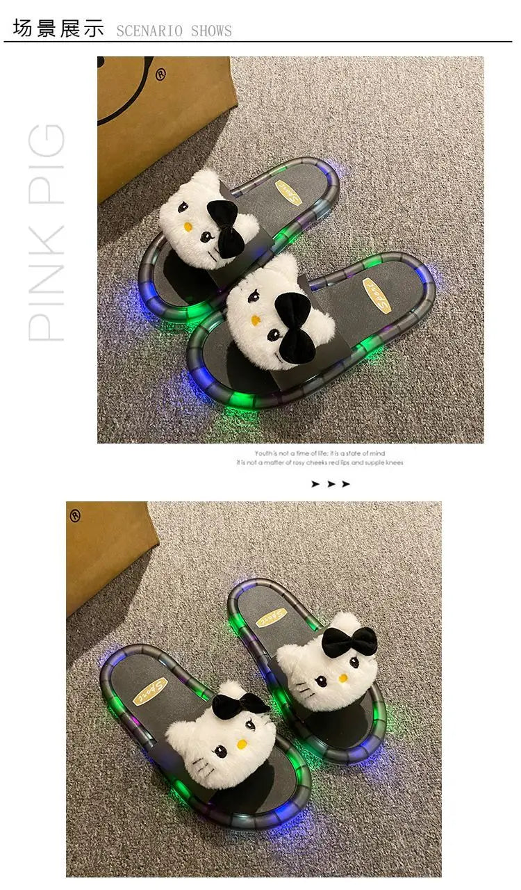 Hello Kitty Lovely Doll Kawaii MINISO Ins Fashion Luminous Slippers Female Cute Wearing Thick Soled Indoor Non-slip Shoes Gifts