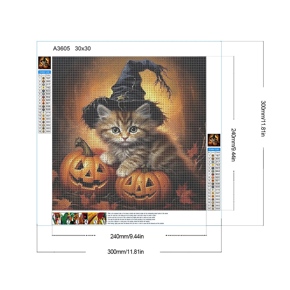 Halloween Cat & Pumpkin 5D Diamond Painting Kit – 4 Scenes, DIY Fall Home Decor
