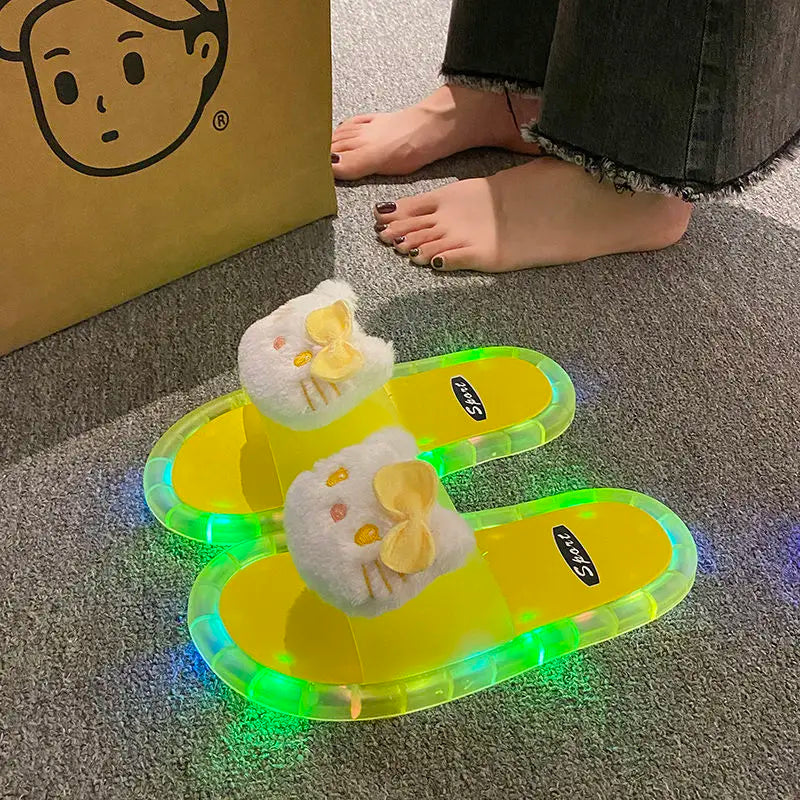 Hello Kitty Lovely Doll Kawaii MINISO Ins Fashion Luminous Slippers Female Cute Wearing Thick Soled Indoor Non-slip Shoes Gifts
