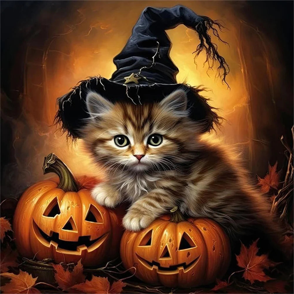 Halloween Cat & Pumpkin 5D Diamond Painting Kit – 4 Scenes, DIY Fall Home Decor