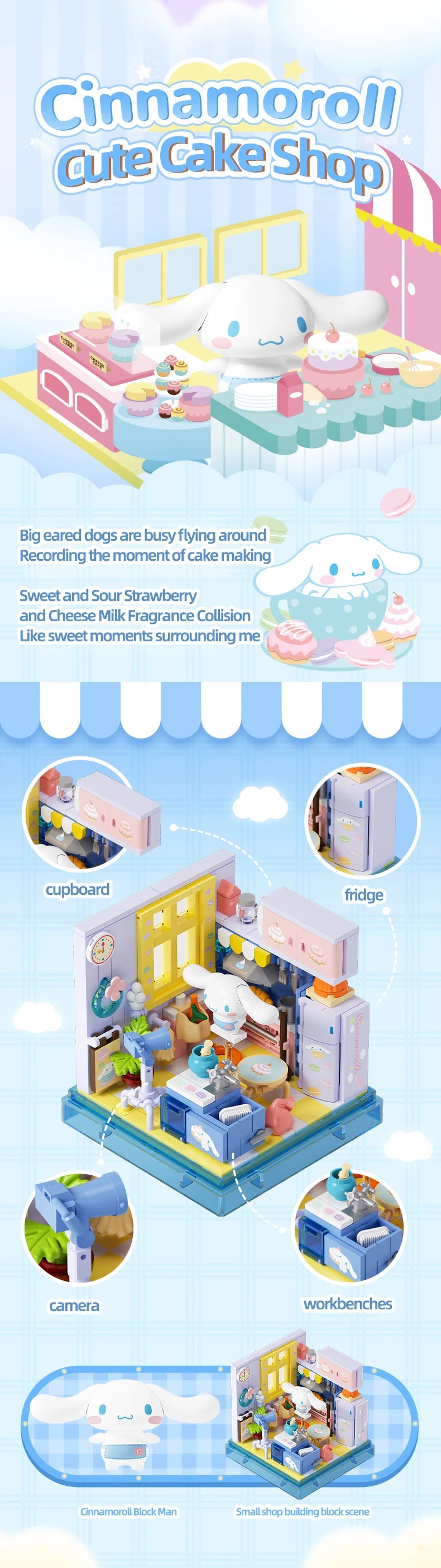 Sanrio Building Blocks Hellokitty Kuromi Bakery Dessert House Ocean Restaurant Shop Model Brick Desktop Display Adult Collection