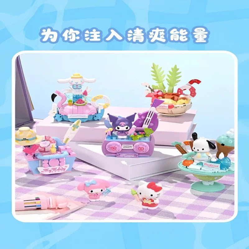 Keeppley New Sanrio Summer Party Theme Building Blocks Toys Hello Kitty My Melody Kuromi Cinnamoroll Pochacco Assembly Model Toy