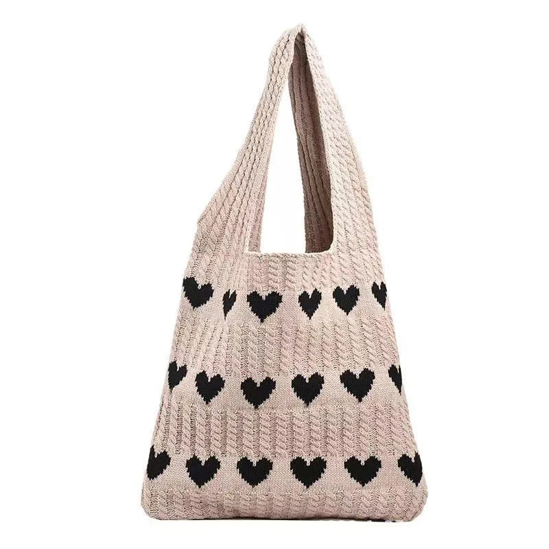 Woven Love Heart Knitted Shoulder Bag β Wool Tote for Women (Portable & Stylish | Daily Commuter & Student-Friendly)