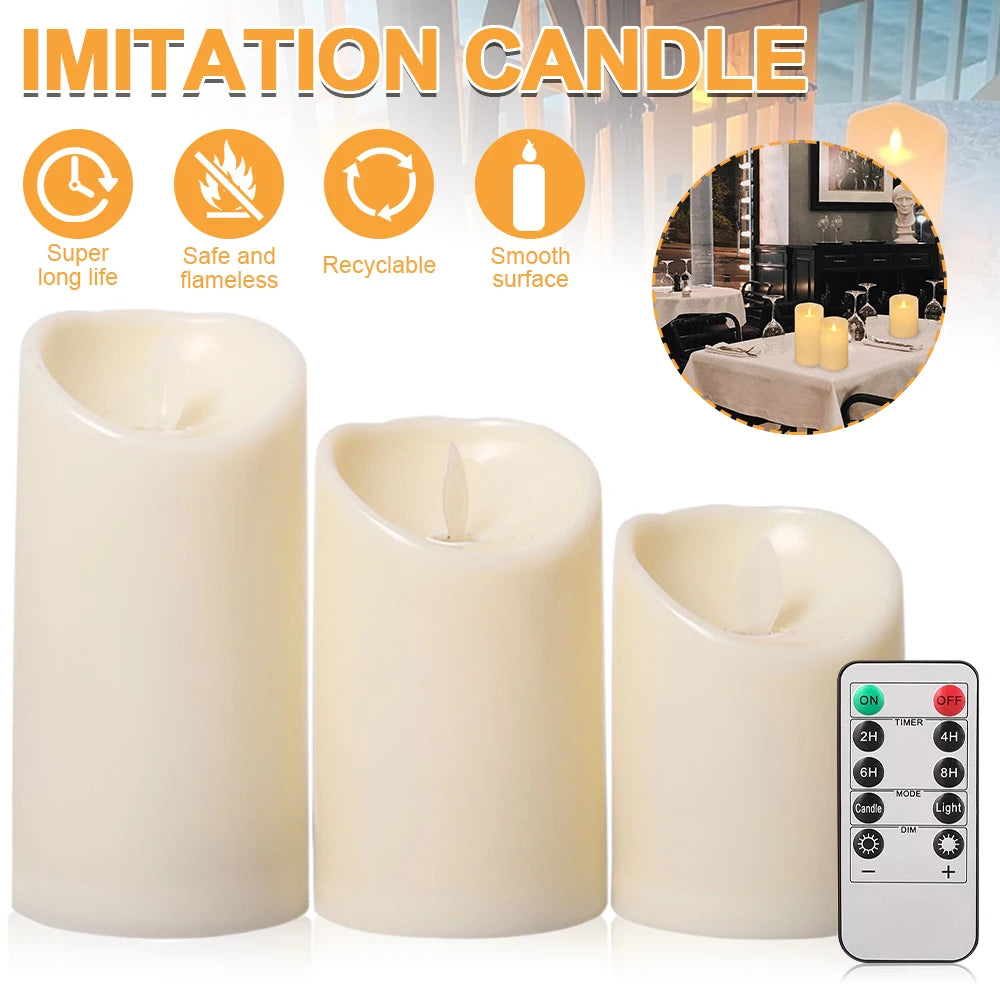 Set of 3 USB Rechargeable Flickering Pillar Candles – Paraffin Wax, Remote Controlled with Timer, Moving Wick LED Flameless Candles for Home & Party Decor
