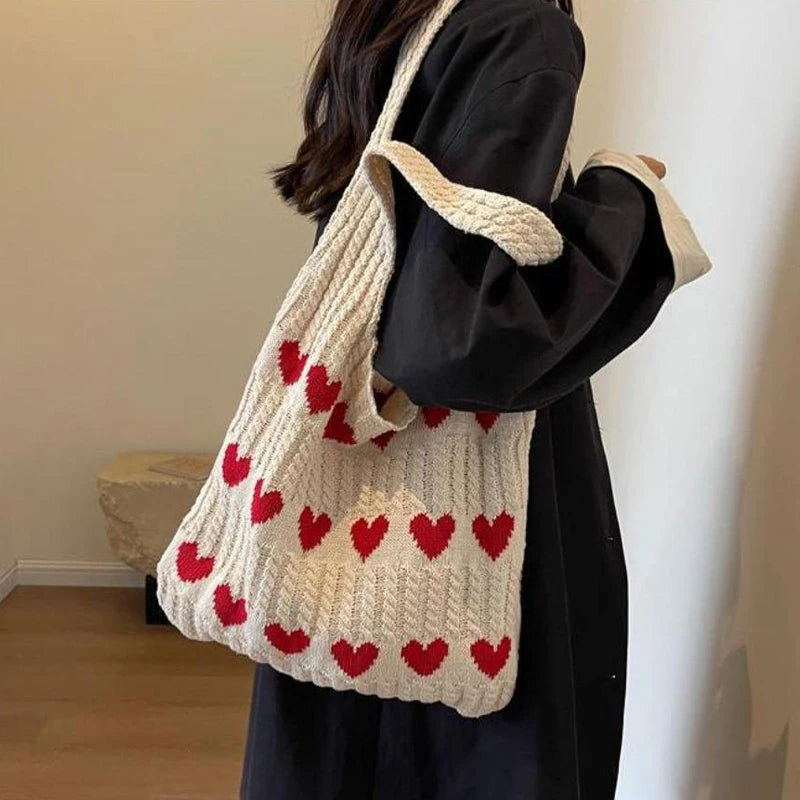 Woven Love Heart Knitted Shoulder Bag β Wool Tote for Women (Portable & Stylish | Daily Commuter & Student-Friendly)