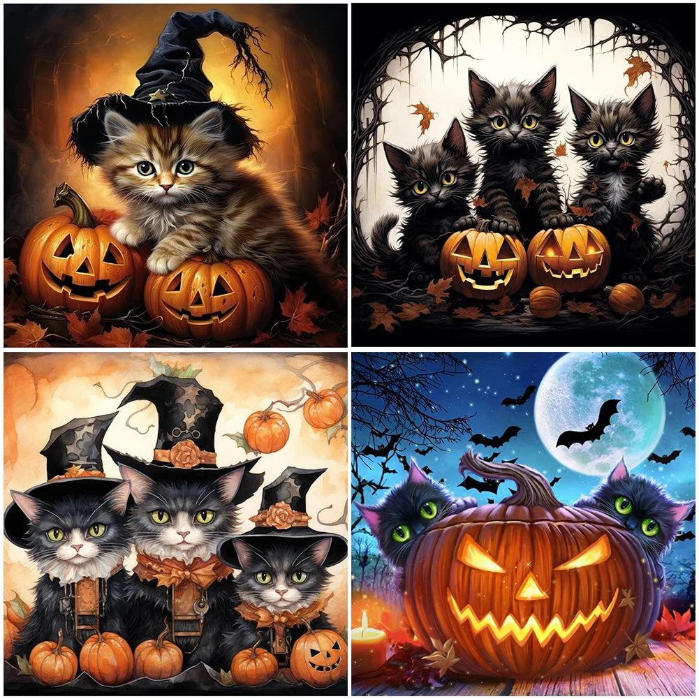 Halloween Cat & Pumpkin 5D Diamond Painting Kit – 4 Scenes, DIY Fall Home Decor