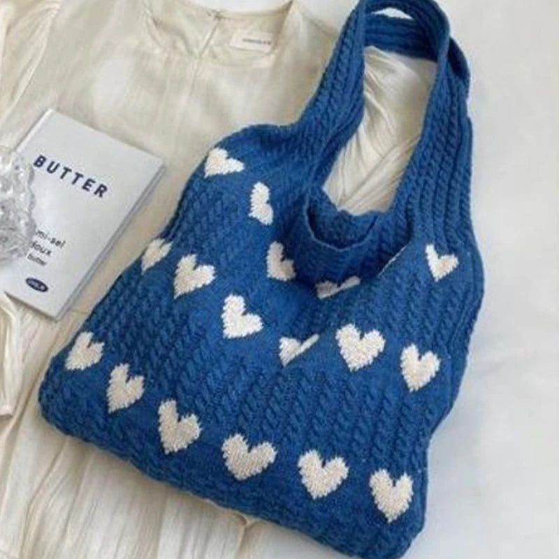 Woven Love Heart Knitted Shoulder Bag β Wool Tote for Women (Portable & Stylish | Daily Commuter & Student-Friendly)