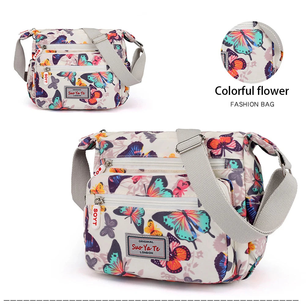 Multi-Pocket Women's Crossbody Bag Designer Floral Pattern Zipper Handbags Waterproof Nylon Casual Shoulder Bag Messenger Bag