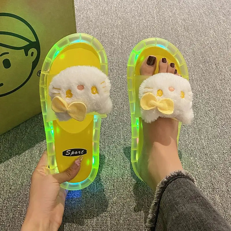 Hello Kitty Lovely Doll Kawaii MINISO Ins Fashion Luminous Slippers Female Cute Wearing Thick Soled Indoor Non-slip Shoes Gifts