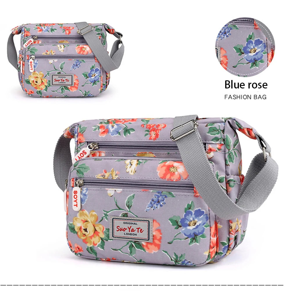 Multi-Pocket Women's Crossbody Bag Designer Floral Pattern Zipper Handbags Waterproof Nylon Casual Shoulder Bag Messenger Bag