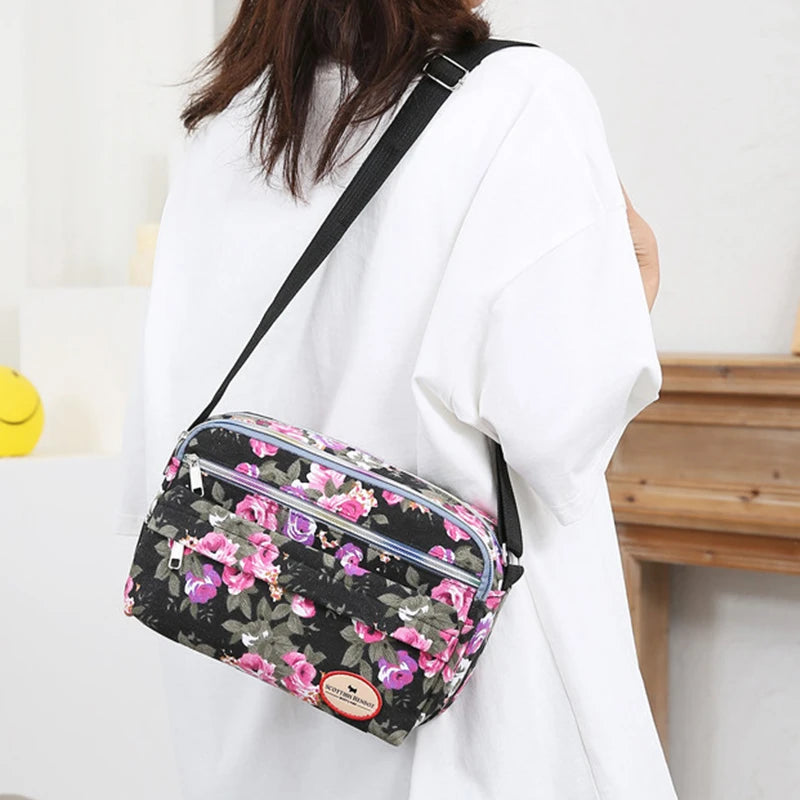 Vintage Canvas Crossbody Tote β Multi-Pocket Shoulder Bag for Women (Messenger Style | Printed & Zippered | Daily & Travel Use)