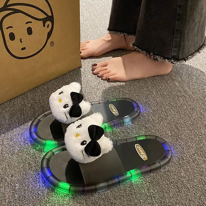 Hello Kitty Lovely Doll Kawaii MINISO Ins Fashion Luminous Slippers Female Cute Wearing Thick Soled Indoor Non-slip Shoes Gifts