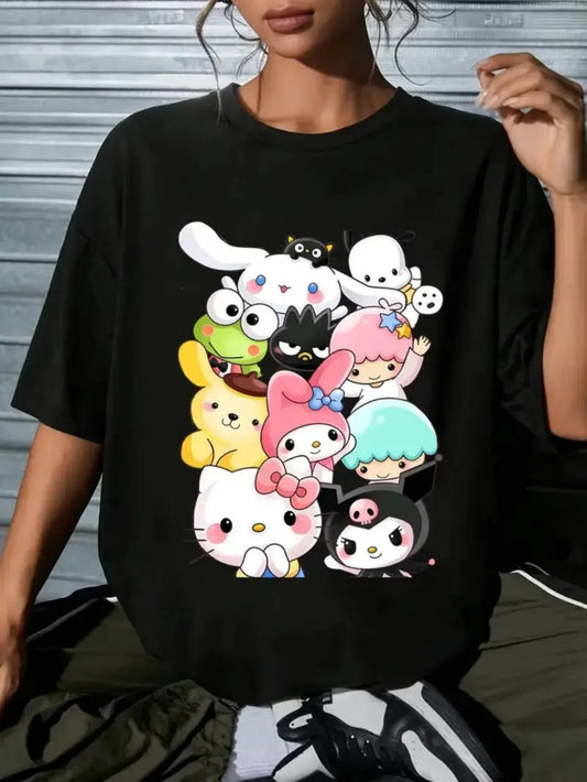 Sanrio Characters Women's Clothing T-Shirt Fashionable Anime And Cartoon Style Short Sleeved Top Street Trend Cotton Clothing