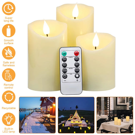 Set of 3 USB Rechargeable Flickering Pillar Candles – Paraffin Wax, Remote Controlled with Timer, Moving Wick LED Flameless Candles for Home & Party Decor