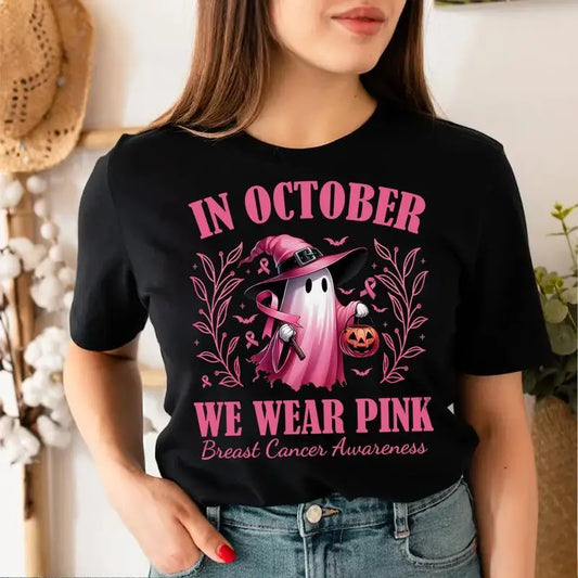 Women’s “In October We Wear Pink” T-Shirt – Breast Cancer Awareness Halloween Ghost Graphic Tee, Support Gift