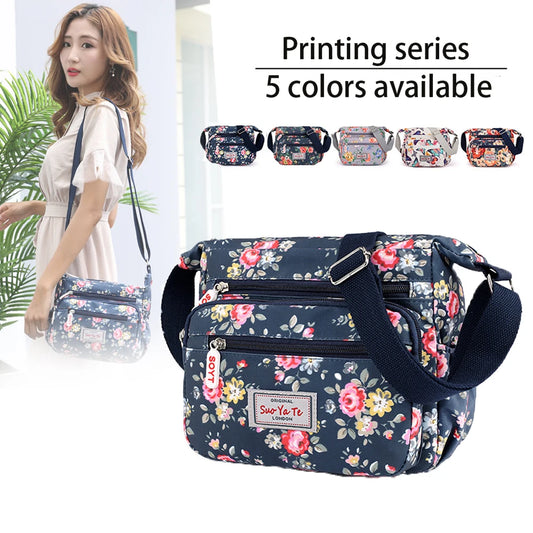 Multi-Pocket Women's Crossbody Bag Designer Floral Pattern Zipper Handbags Waterproof Nylon Casual Shoulder Bag Messenger Bag