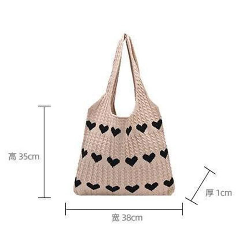 Woven Love Heart Knitted Shoulder Bag – Wool Tote for Women (Portable & Stylish | Daily Commuter & Student-Friendly)