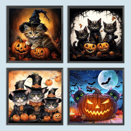 Halloween Cat & Pumpkin 5D Diamond Painting Kit – 4 Scenes, DIY Fall Home Decor