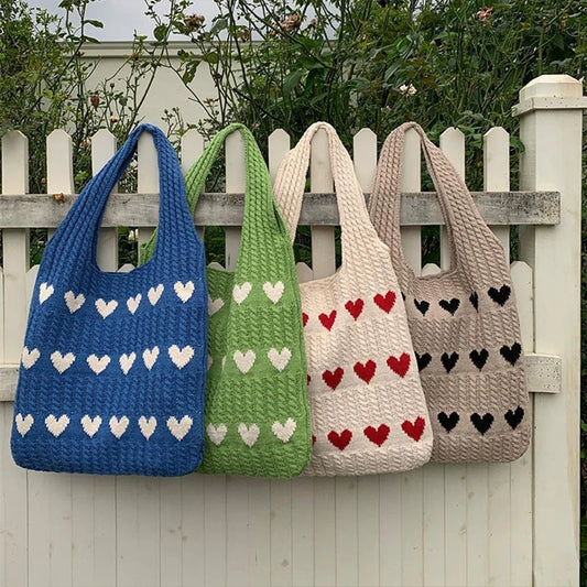 Woven Love Heart Knitted Shoulder Bag – Wool Tote for Women (Portable & Stylish | Daily Commuter & Student-Friendly)