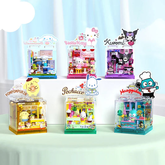 Sanrio Building Blocks Hellokitty Kuromi Bakery Dessert House Ocean Restaurant Shop Model Brick Desktop Display Adult Collection