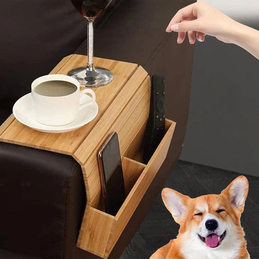 Wooden Couch Cup Holder & Armrest Organizer – Space-Saving Sofa Tray with Storage Pockets (Multi-Use | Foldable | No Assembly Required)