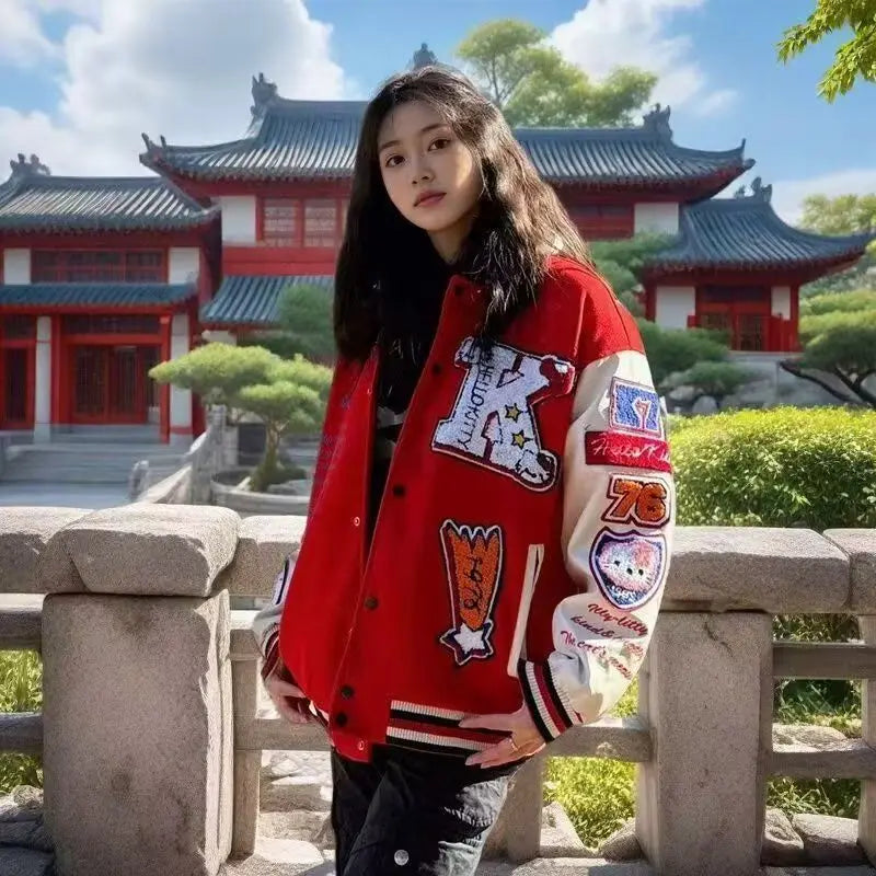 Hello Kitty Baseball Jacket Coat Hoodie Men Women Print Sport Baseball Uniforms Motorcycles Warm Coats Cardigan Tops Clothes Top