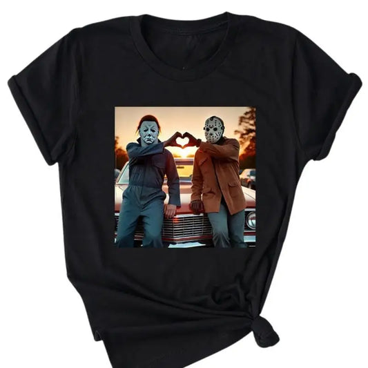 Vintage Michael Myers & Jason Halloween Shirt – Retro Horror Movie Tee with Heart Hands, Thriller & Friday the 13th Inspired